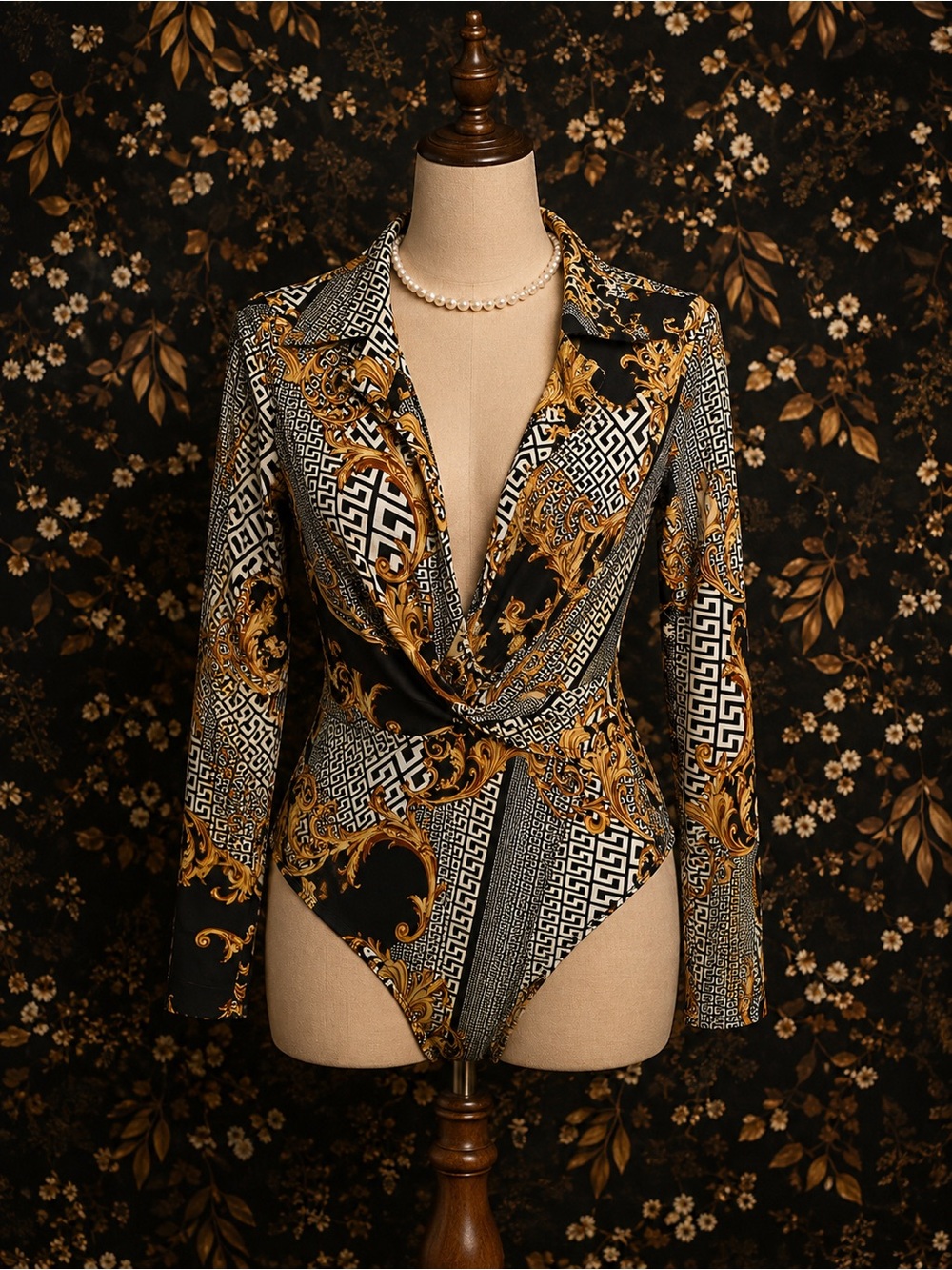 Women's Black and Gold Baroque Print bodysuit